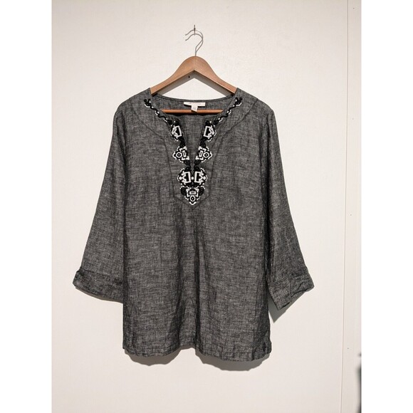 JM Collection Black Crossweave  Notch Neck Linen Tunic 14 L Embroidery L/S - Picture 1 of 5